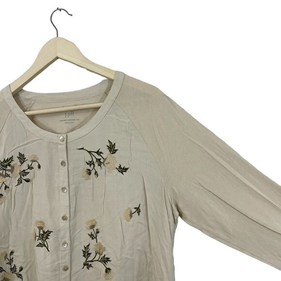 J Jill Large Embroidered Woven Front Shirt Button Front Long Sleeve Beige Womens - Picture 7 of 14
